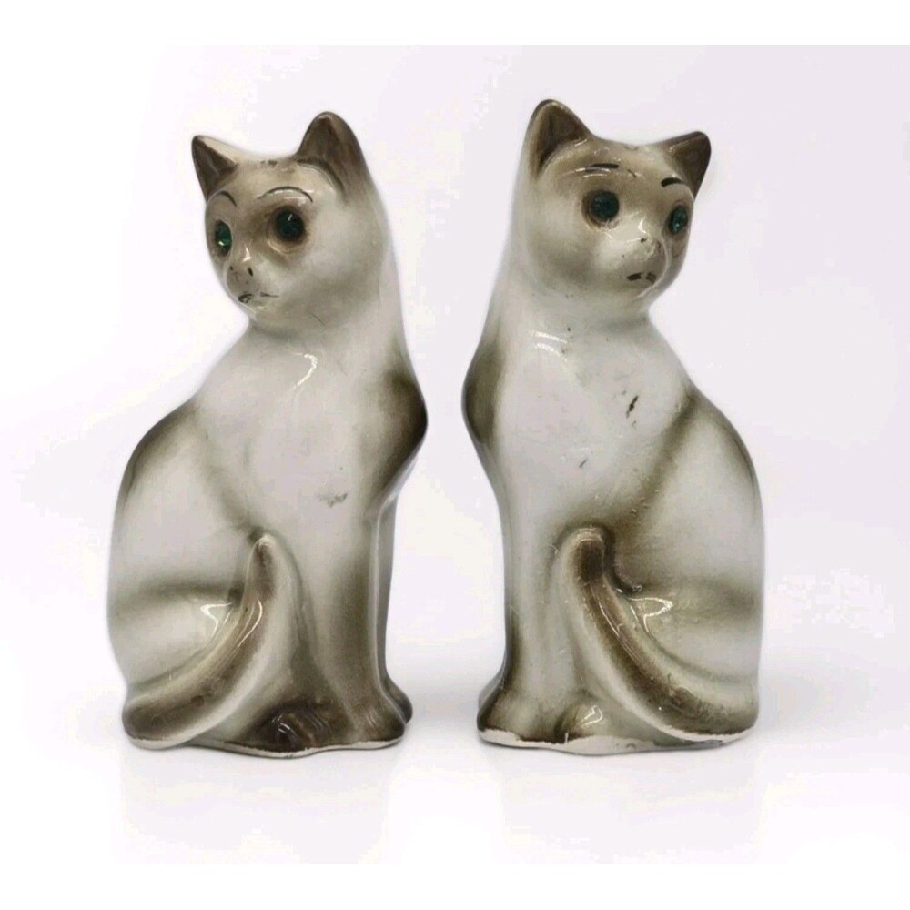 Vintage Japan Siamese Cats Gorgeous Green Rhinestone Eyes! Salt & Pepper Shakers
